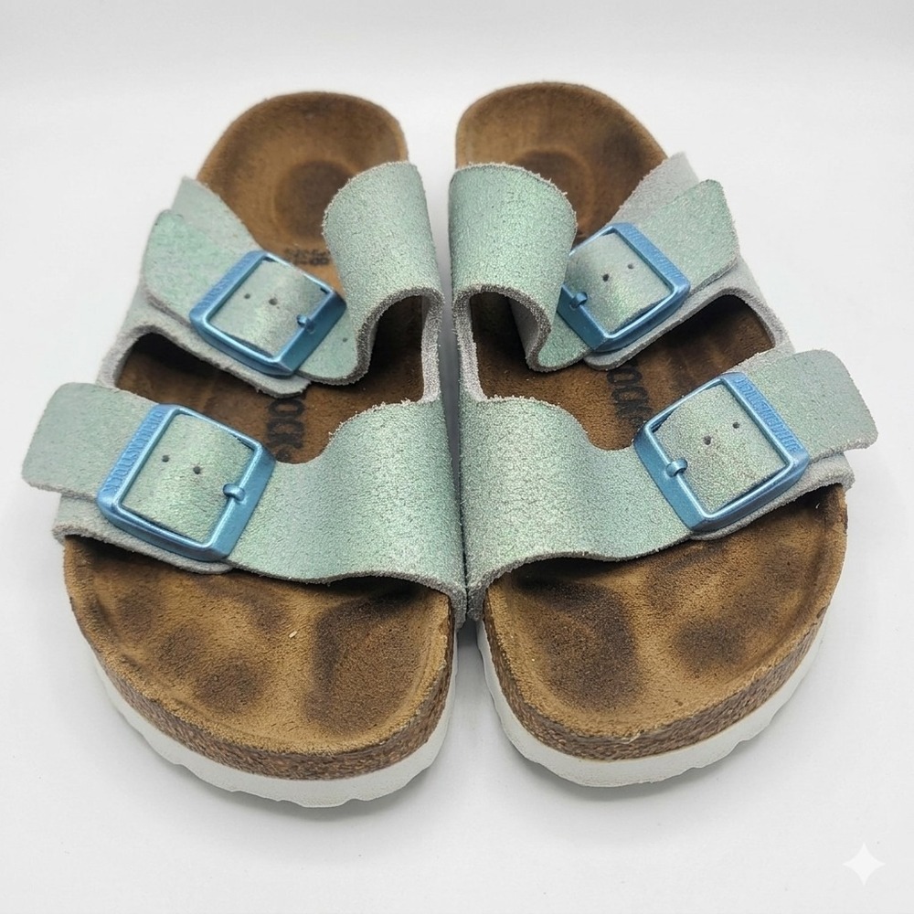 Birkenstock Arizona Light Blue Suede Blue Buckles Women 7/38 Narrow Fit Sandals